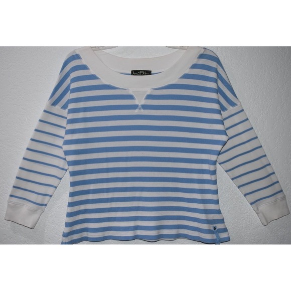 Lauren Ralph Lauren Tops - Lauren Ralph Lauren XL Nautical Stripe Top Drop Shoulder Lt Blue White Coastal